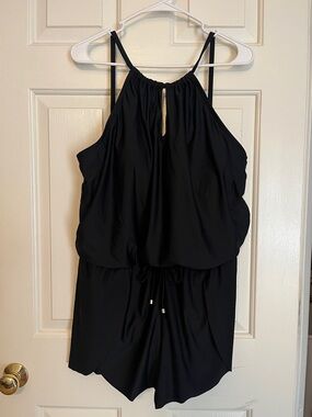 Time and Tru Black Halter Romper with Tie Neck